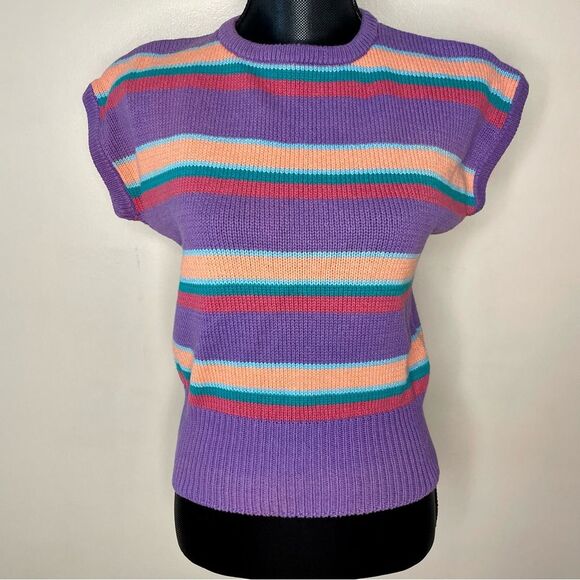 Gloria Vanderbilt Sweater Vest Vintage Knit Stripe Short Sleeve Purple Large - Picture 9 of 9